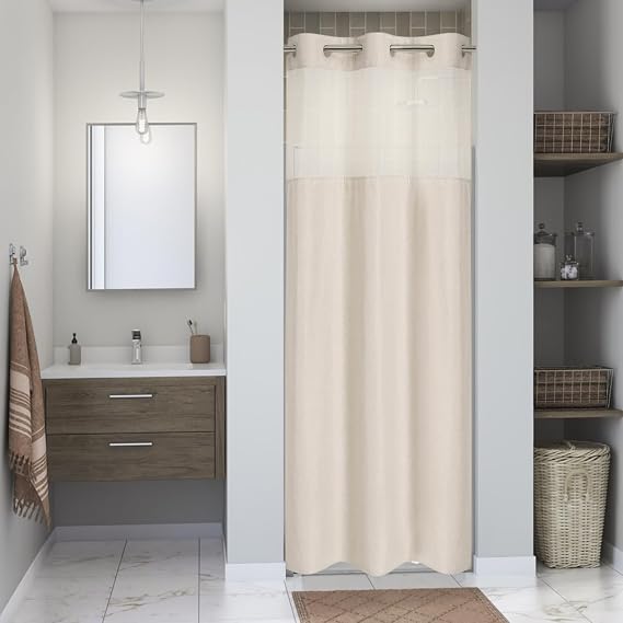 eachope No Hook Linen Texture Shower Curtain with Snap-in Liner,36x74 Cream