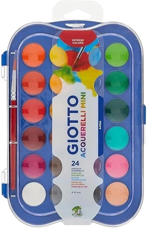GIOTTO Watercolour Set, 24 Blocks, Assorted Colours, Super Washable For Children, Parties and Schools, 24 Colors
