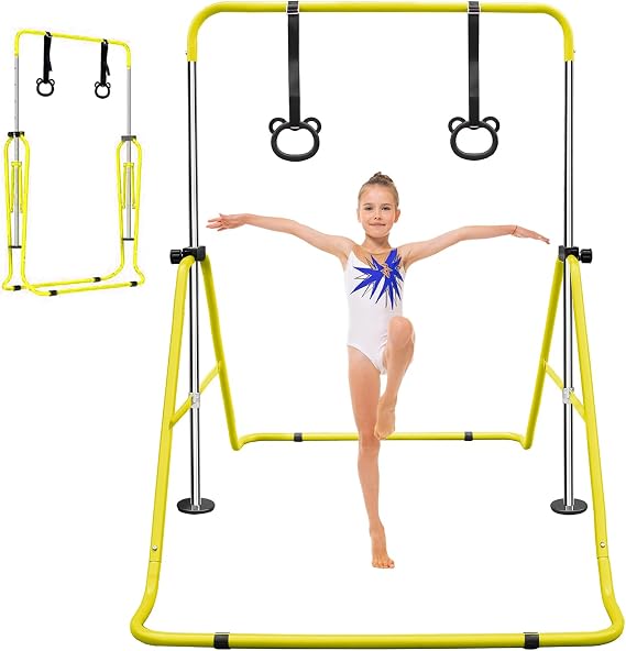 Gymnastics Bar for Kids, Folding Junior Training Kip Bar with Adjustable Height, Home Expandable Horizontal Gymnastic Monkey Bars Equipment for Child with Bear Rings