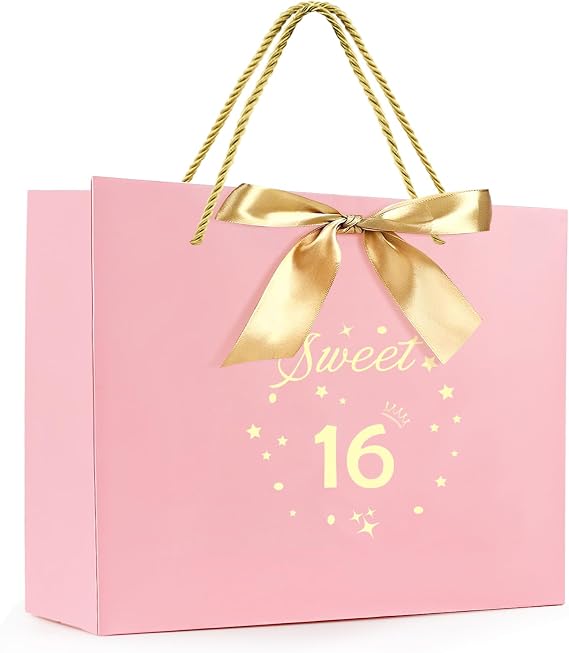 Yiran Birthday Gift Bag with Handles and Ribbon for 16 Year Old Gilrs Gift Wrapping, Sweet 16 Paper Gift Bags, Teens Happy Birthday Gift Bag, Pink and Gold Party Decorations Supplies