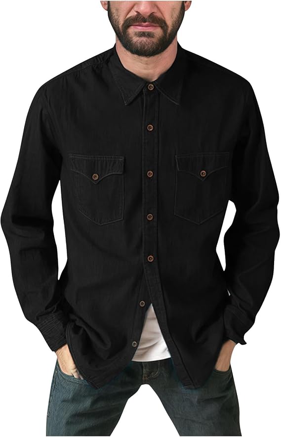 Men's Long Sleeve Classic Woven Shirt Button Down Lapel Collar Solid Color Shirts Casual Stylish Blouse Two Pockets