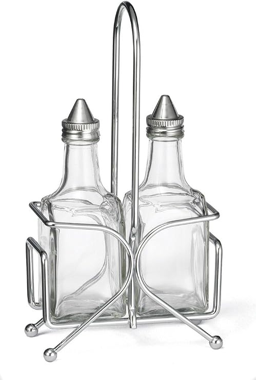 Tablecraft Glass 6 Oz Oil/Vinegar Cruet Set with S/S Tops and Rack
