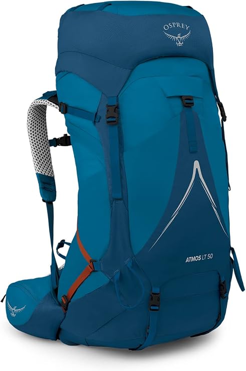 Osprey Atmos AG LT 50L Men's Backpacking Backpack, Blue S-M | hiking pack, camping gear, overnight trail pack, Blue color, S-M size