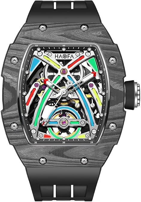 Haofa Skeleton Mechanical Watches for Men Carbon Fiber Automatic Watch Colorful Sapphire Luminous Waterproof Wristwatch Business Sport Self-Wind Mens Watch 1970
