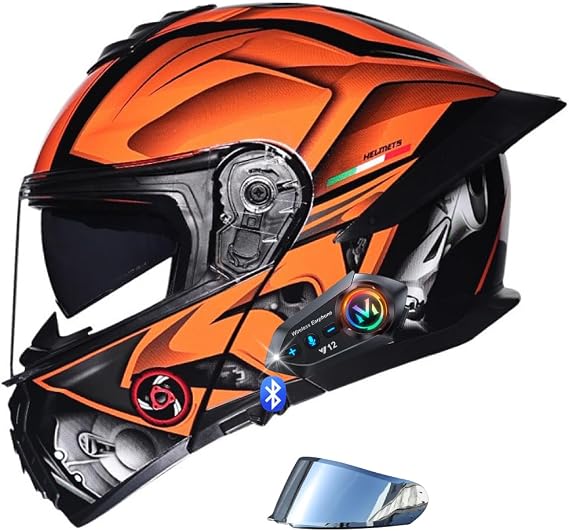 Bluetooth Modular Motorbike Helmet, ECE Approved Flip Up Full Face Integrated Helmet, Street Bike Racing Helmet, with Anti-Fog Double Visor, for Adults Men Women, M~L