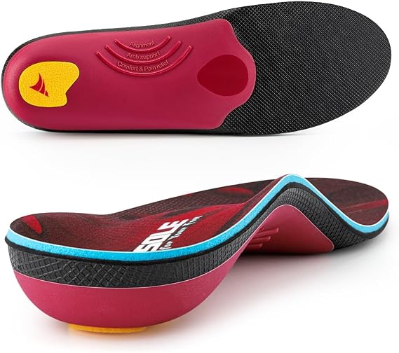 VALSOLE Orthotic Insole for Men Women,Plantar Fasciitis Arch Support Insole,for Flat Feet,Metatarsalgia,Heel Pain,Shock Absorption Comfortable Inserts (Red and Black, UK-12-30.2cm(11.9in))