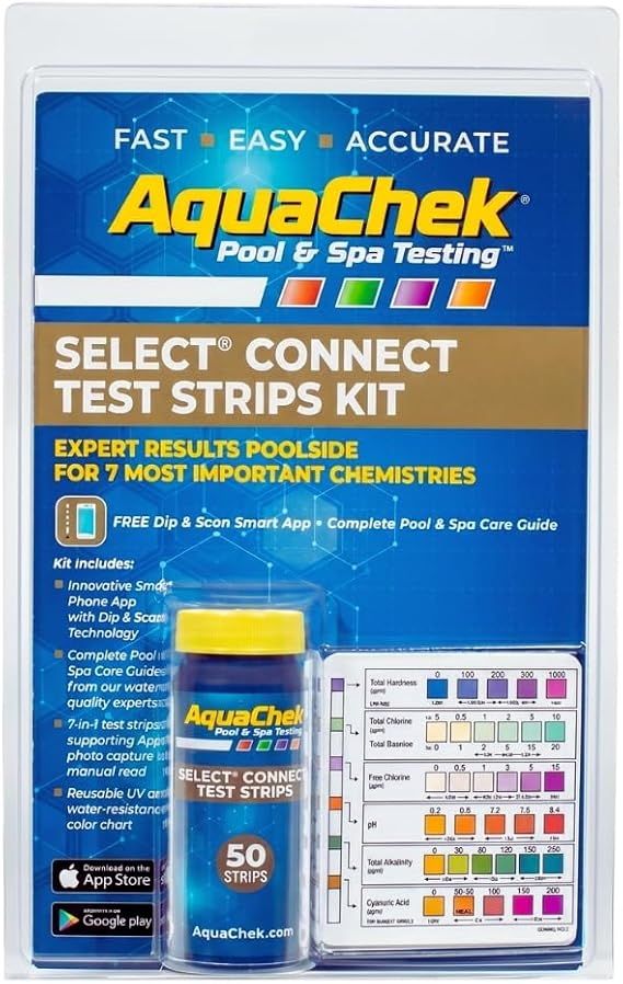 AquaChek Select Connect 7-Way Pool and Spa Test Strips Complete Kit - Pool Test Strips for pH, Total Chlorine, Free Chlorine, Bromine, Alkalinity, Total Hardness, and Cyanuric Acid - (50 Strips)
