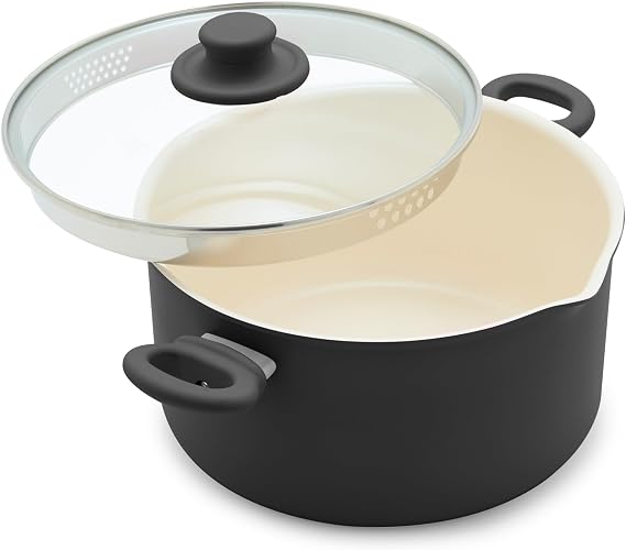 GreenLife 6QT Ceramic Nonstick Stockpot with Glass Straining Lid, Black