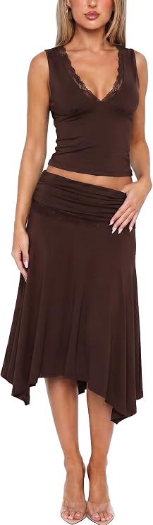 Womens Sexy 2 Piece Skirt Sets V Neck Lace Trim Tank Top Ruched Waist Midi Skirt Summer Going Out Vacation Outfits Set