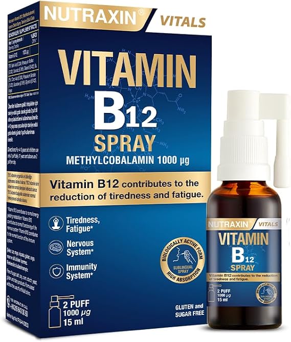 Nutraxin Vitamin B12 Sprey 1000 µg Metilkobalamin, Yüksek Emilim, Vegan Uyumlu, Ağız Yoluyla Takviye Edici Gıda, 15 ml