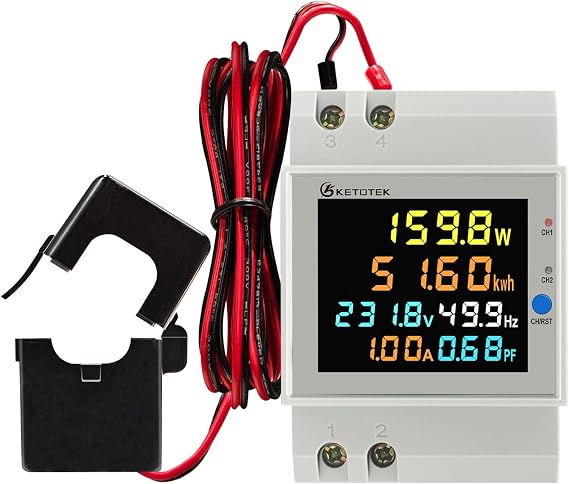 KETOTEK Power Meter Single Phase, 2 Channels, Energy Meter DIN Rail Electricity Usage Monitor with LCD, kWh Meter AC40-300V 100A, Ammeter Voltmeter with Split Core Current Transformer CT