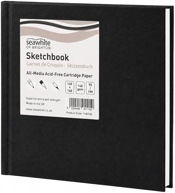 SEAWHITE Black Cloth Hardback Artists Sketchbook 140gsm Square 140x140mm
