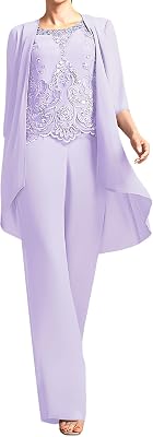 3 Piece Mother of The Bride Pant Suits - 34 Sleeve Chiffon Lace Plus Size Women Wedding Guest Formal Outfit with Jacket