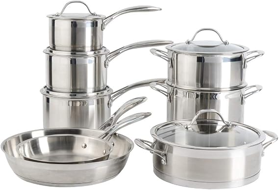 ProCook Professional Stainless Steel Cookware Set Uncoated Induction & Oven Safe Pans Cooking Pots - 8 Piece,14/16/18cm Saucepans, 20/28cm Frying Pans, 20cm Stockpot & Steamer, 24cm Сasserole Dish