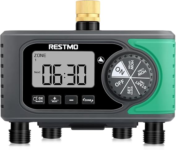 RESTMO 4-Zone Sprinkler Timer for Garden Hose with Brass Inlet