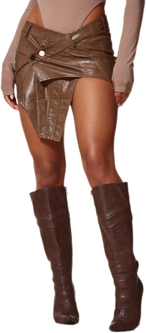ksotutm Sexy Mini Skirt Irregular Cut Button Leather Skirt