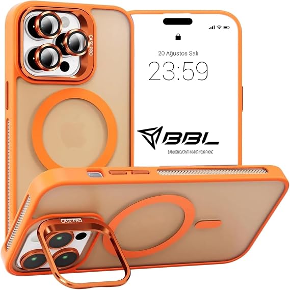 Babilden iPhone 15 Pro Max İçin Kılıf Kamera Korumalı Magsafe İle Uyumlu Kablosuz Şarj Özellikli Mat Şeffaf Renkli Standlı Lens Hediyeli Telefon Kılıfı (Turuncu)