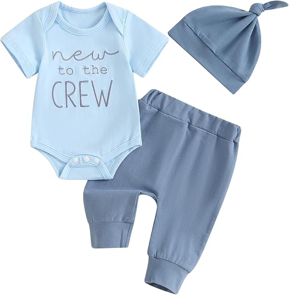 Newborn Baby Boy Clothes New To The Crew Outfits Short Sleeve Romper Long Pants And Hat Coming Home Outfit (Blue, Newborn)