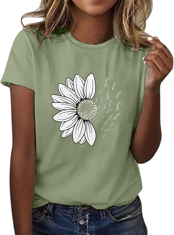 Women's Summer Sunflower T Shirt Cute Flower Graphic Loose Tees Crew Neck Short Sleeve Casual Tops