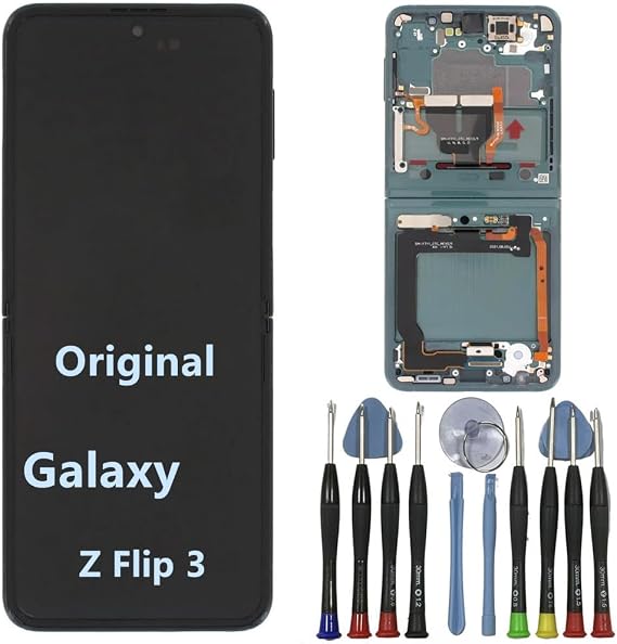 Original AMOLED 6.7" for Samsung Galaxy Z Flip 3 Inner Foldable Screen Replacement Z Flip3 5G SM-F711U SM-F711U1 SM-F711B Display Touch Screen Digitizer Assembly (with Green Frame+Tools)