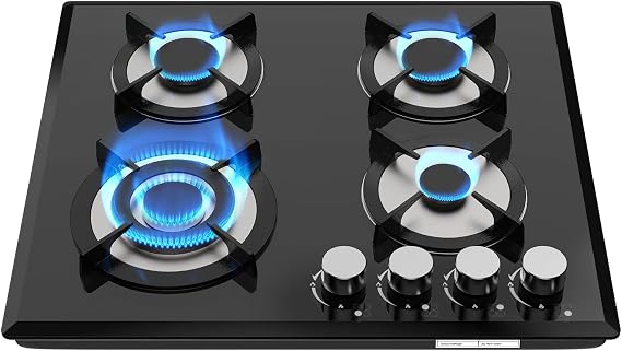24 Inch Gas Stove 4 Burner Gas Cooktop, Propane Natural Gas Convertible Gas Stove Top, Tempered Glass Built-in or Countertop Burner for Outdoor Indoor Cooking in Kitchen, RV, Camping