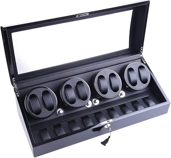 Luxury 4 Motor Quad Watch Winders for Automatic Watches, Safe & Wooden Display Box Case 8+9 Storage (Black)