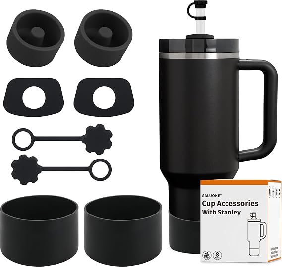 Stanley Cup Accessories - 8 Pcs Set,Stanley Cup Boot | ncluding Straw Cover Cap, Square & Round Leak Stoppers, Silicone Boots for Stanley Cup 2.0 40/30oz/Tumbler(Black)