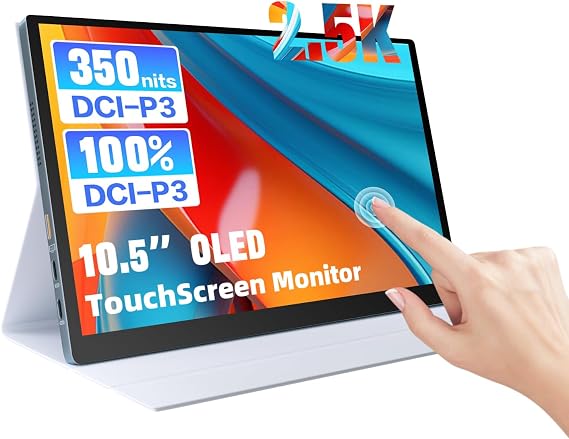 10.5 Inch 2.5K OLED Touchscreen Portable Monitor, Ultra Slim Display with Built-in Speakers, USB-C Mini HDMI External Screen for Laptop Mac Phone Xbox PS5
