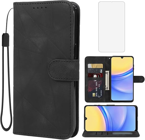 Case for Galaxy A16 5G Case, Samsung A16 Wallet Case with Tempered Glass Screen Protector, Skin Feel Leather Flip Credit Card Holder Stand Phone Cover for Samsung Galaxy A16 Black