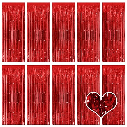 10 Pack Red Backdrop Curtain 3.2ft x 8.2ft Metallic Tinsel Foil Fringe Curtains Photo Booth Background for Birthday Party Decoration Baby Shower Engagement Wedding Christmas Decoration Red
