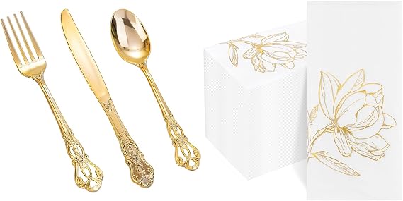 200PCS Gold Plastic Silverware & Gold Magnolia Napkins