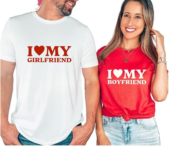 I Heart My Boyfriend Girlfriend Funny Matching Shirts for Couples Him and Her, Valentine's Day Matching T Shirts for Couples, Boyfriend Girlfriend Gifts, Honeymoon Shirts, His and Her Shirts