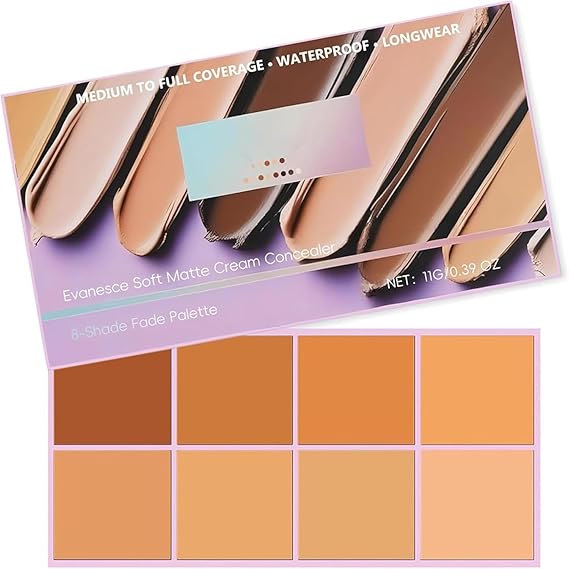 Pimby Foundation, Evanesce Soft Matte Cream Concealer 8 Shade Fade Palette, with Applicator Waterproof Full Coverage Cream for Blemishes & Cover, Long-Lasting Lightweight Formula Safe (Medium color)
