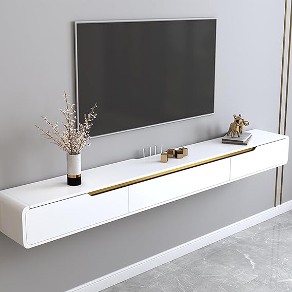 Solid wood Floating TV Stand, With 2 drawers floating tv cabinet, Floating tv unit wall mounted, completely assembled living room wall mounted tv unit (White, 200cm)