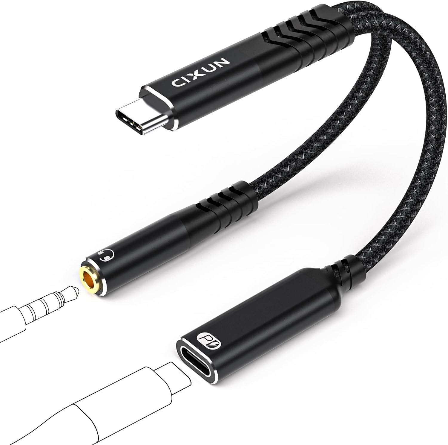 USB C to 3.5mm Headphone and Charger Adapter, Hi-Res 32bit384kHz USB C to Headphone Jack Adapter Aux Cord, 2 in 1 USB C Splitter to Dongle Cable with PD 60W