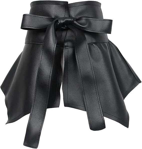 Women's PU Leather Ruffle Peplum Waist Cinch Belt, Skirt Wide, Black
