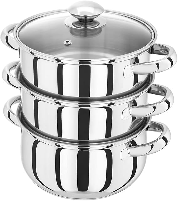 Judge Essentials Stainless Steel 3 Tier Steamer 18cm, Vented Glass Lid, Integral Casserole Pot, Oven Safe, Induction Ready