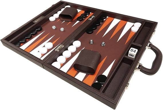 16-inch Premium Backgammon Set - Dark Brown Board, White and Orange Points