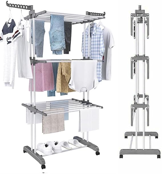 Clothes Drying Rack 4-Tier Folding Clothes Airer, Adjustable Clothes Horse with Two Side Wings, Movable Wheels, for Indoor and Outdoor (Grey)