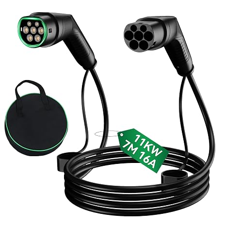 Type 2 EV Charging Cable 11KW 7M 16A 3-Phase 480V, Electric Vehicle Type 2 to Type 2 Charger Cable with Carry Bag, Compatible with Model S/3/X/Y, for EV/PHEV, Fast Charging, IP54 Rated, Black