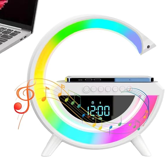LED Wireless Charging Atmosphere Light with Bluetooth Speaker - G-Shaped Illuminated Wireless Speaker Intelligent LED Desk Light, Color Changing Timer Alarm Clock Charger Bracket (White 2)