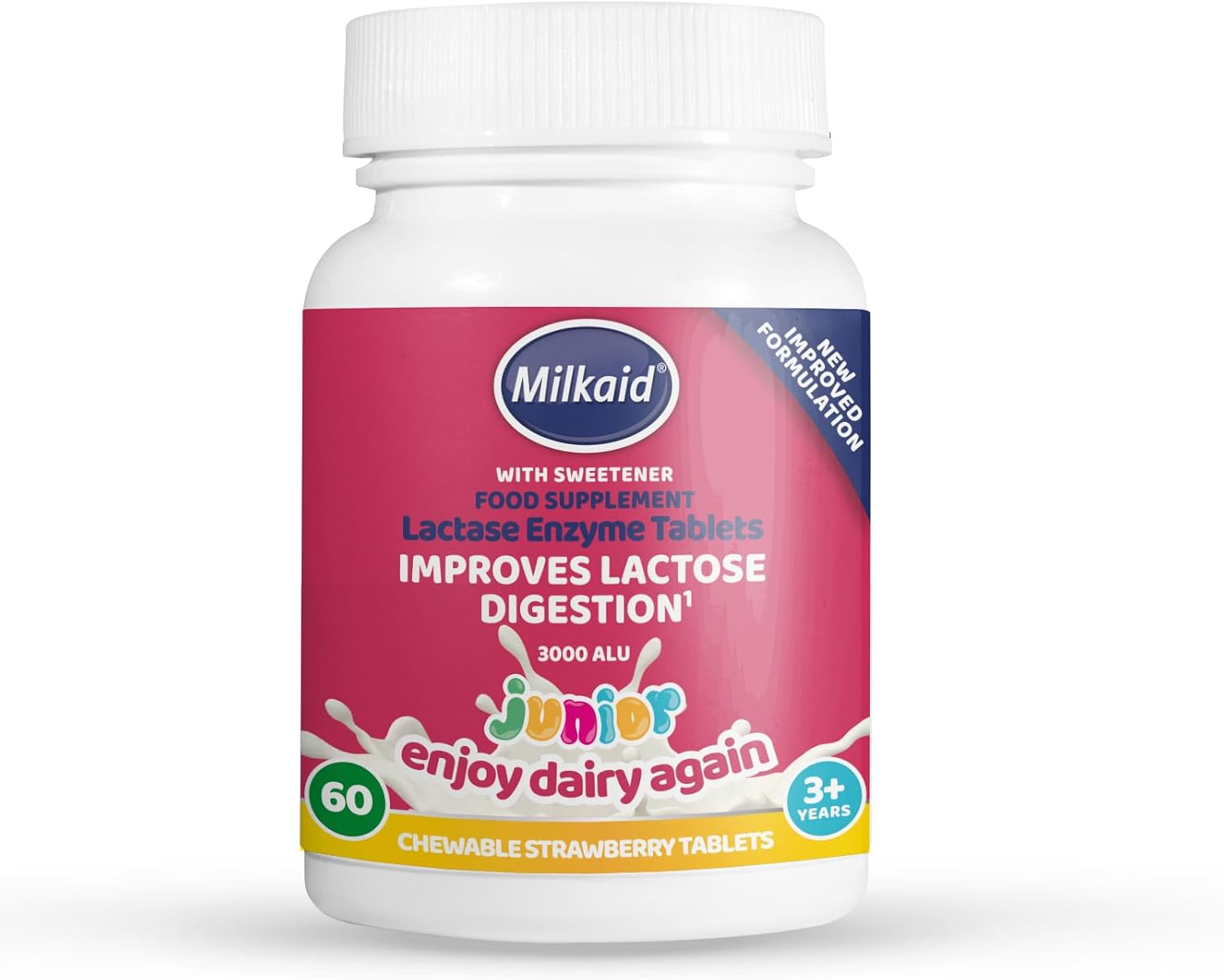 Milkaid Junior Lactase Enzyme Chewable Tablets for Lactose Intolerance Relief | Prevents Gas, Bloating &amp; Diarrhoea | Fast Acting Dairy Digestive Supplement | Gluten Free &amp; Vegan | 60 Tablets