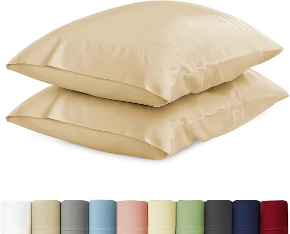 URBANHUT Standard Size Pillowcases Set - 100% Cotton Set of 2 400 Thread Count Pillow Cases, Sateen Weave Soft & Breathable Pillow Covers - Hotel Quality, Cooling Pillowcase for Sleeping - Sand