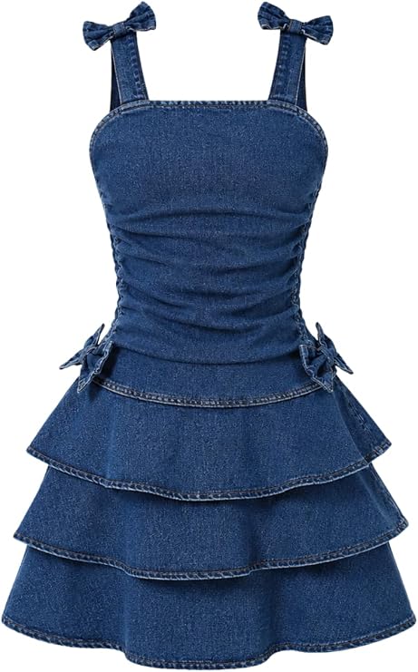 Tween Girls Denim Dress Square Neck Ruffle Hem Summer Casual Dresses Size 7-14