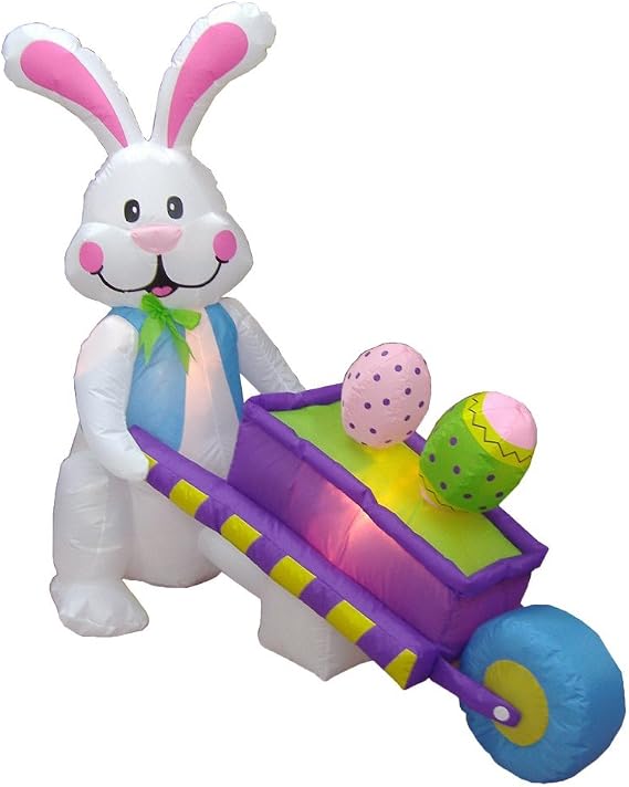 4 Foot Tall Easter Inflatable Happy Bunny Rabbit Pushing Wheelbarrow