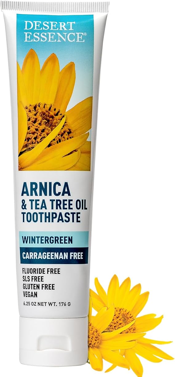 Desert Essence Arnica & Tea Tree Oil Toothpaste Carrageenan & Fluoride Free Wintergreen Mint Vegan, Non-GMO, Gluten-Free Gently Removes Plaque & Freshens Breath 6.5 oz