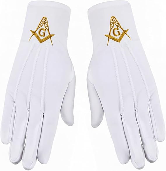 Gold Square & Compass Masonic Embroidered Cotton Gloves - [Gold & White]