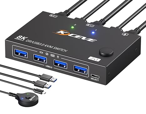 MLEEDA Displayport KVM Switch 1 Monitors 2 Computers 8K@30Hz 4K@144Hz, USB3.0 DP KVM Switches for 2 Computers Sharing Single Monitor and Keyboard Mouse Printer,Wired Remote and 2 USB Cables Included