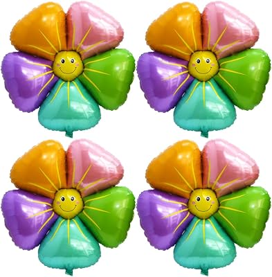 4 Pack Colorful Flower Daisy Party Balloons with Smile,Groovy Boho Floral Sunflower Balloon For Spring Themed First Bee Day Girls Party Birthday Baby Shower Wedding Decoration Party Supplies