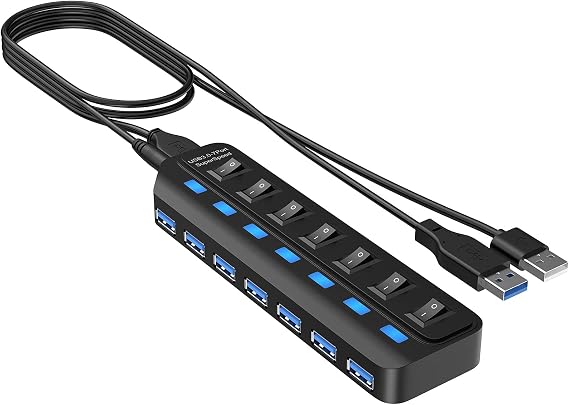 ONFINIO USB Hub 3.0 7 Port, USB Data Hub Splitter with LED Individual On/Off Switches and Lights, 5Gbps High Speed USB Port Expander for MacBook, Mac Pro, Mac Mini, iMac, Surface Pro, XPS, PC